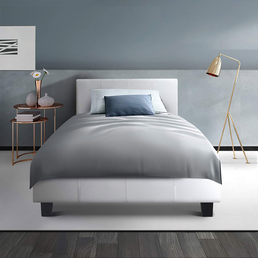 Bed Frame King Single Size PVC Leather White With Wooden Slat Base