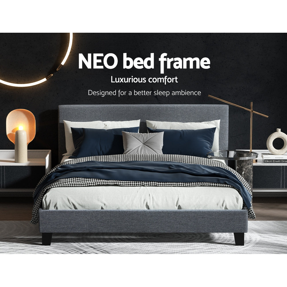 Bed Frame Queen Size Base Mattress Platform Full Fabric Wooden Grey NEO