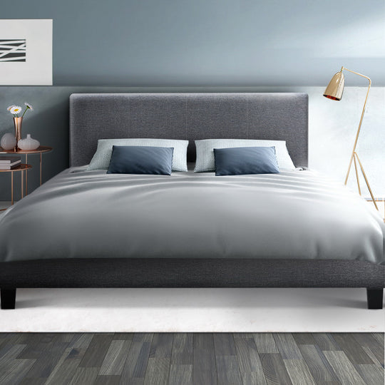 Queen Grey Timber Bed Frame with Mattress Base Sturdy Bedroom Furniture - Artiss Size Fabric Headboard