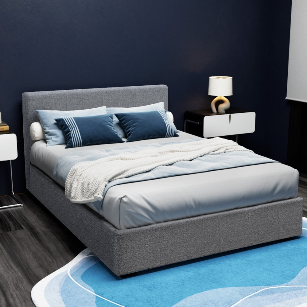 Double Bed Frame Grey Gas Lift Storage With Padded Headboard