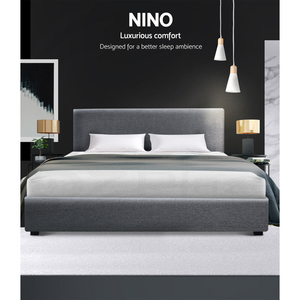 Double Bed Frame Grey Gas Lift Storage With Padded Headboard