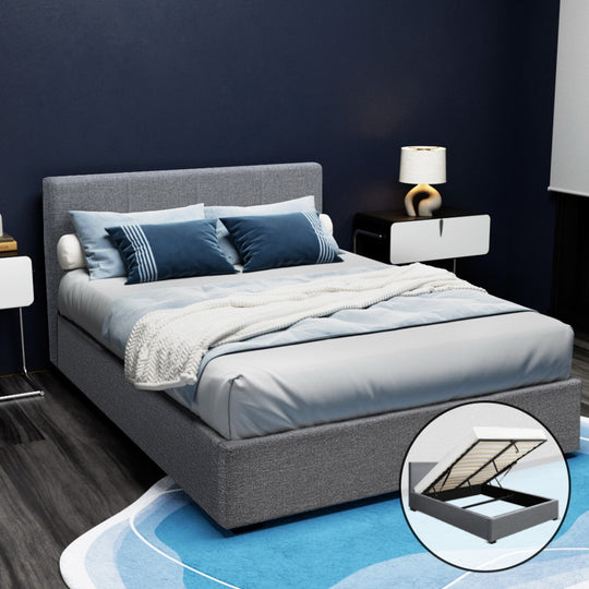 Double Bed Frame Grey Gas Lift Storage With Padded Headboard - Artiss Size Fabric Wood