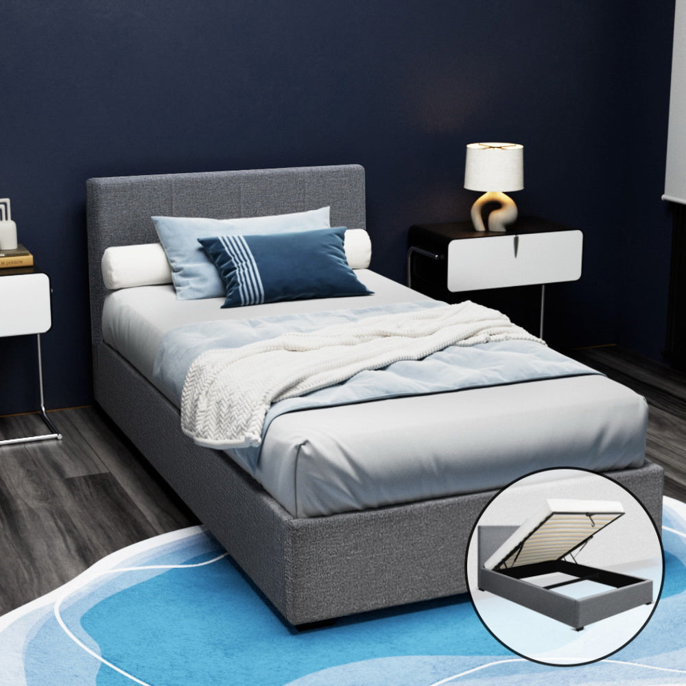 King Single Bed Frame Grey with Sturdy Wooden Base and Support Slats