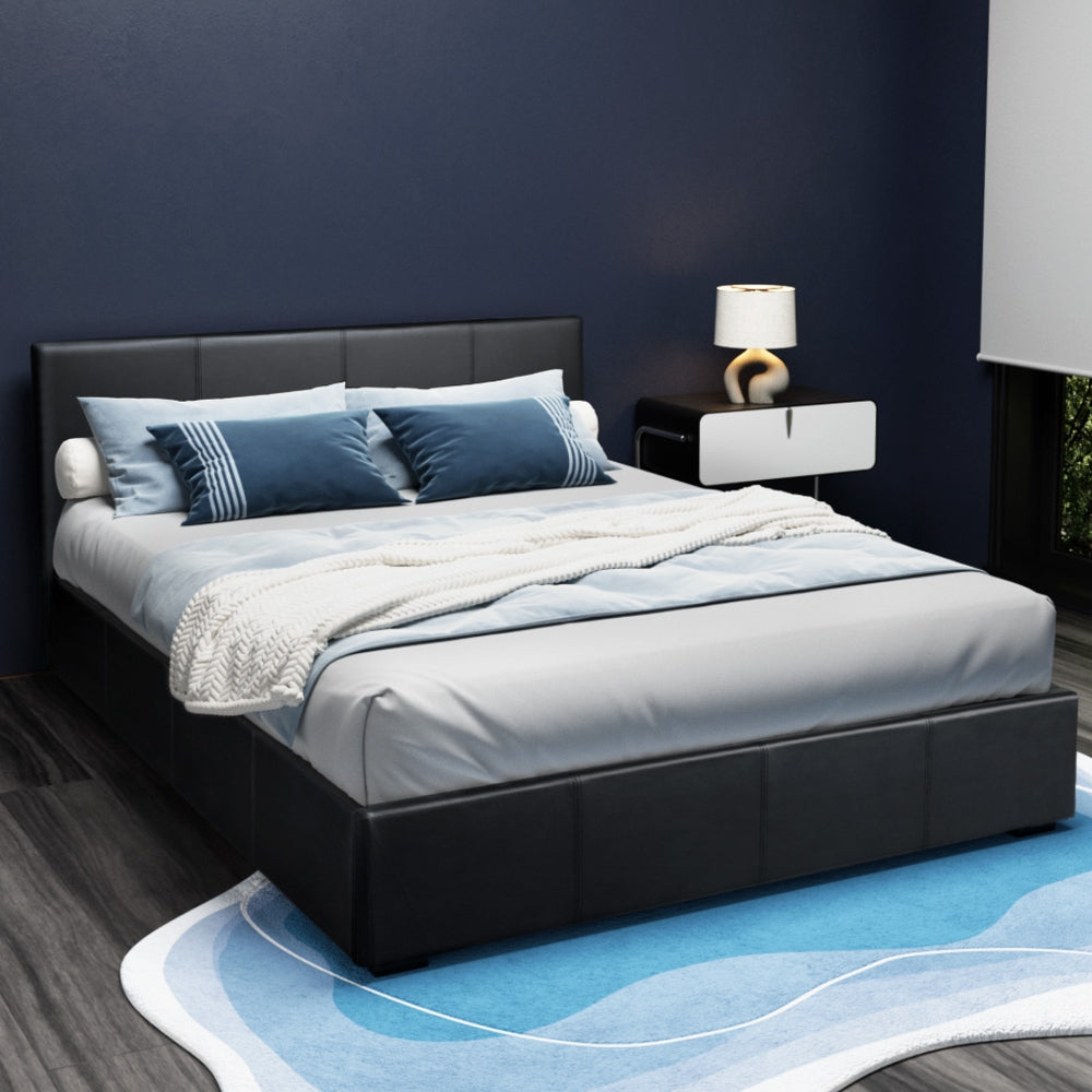Bed Frame Queen Size Gas Lift Storage Platform Modern Black Fabric