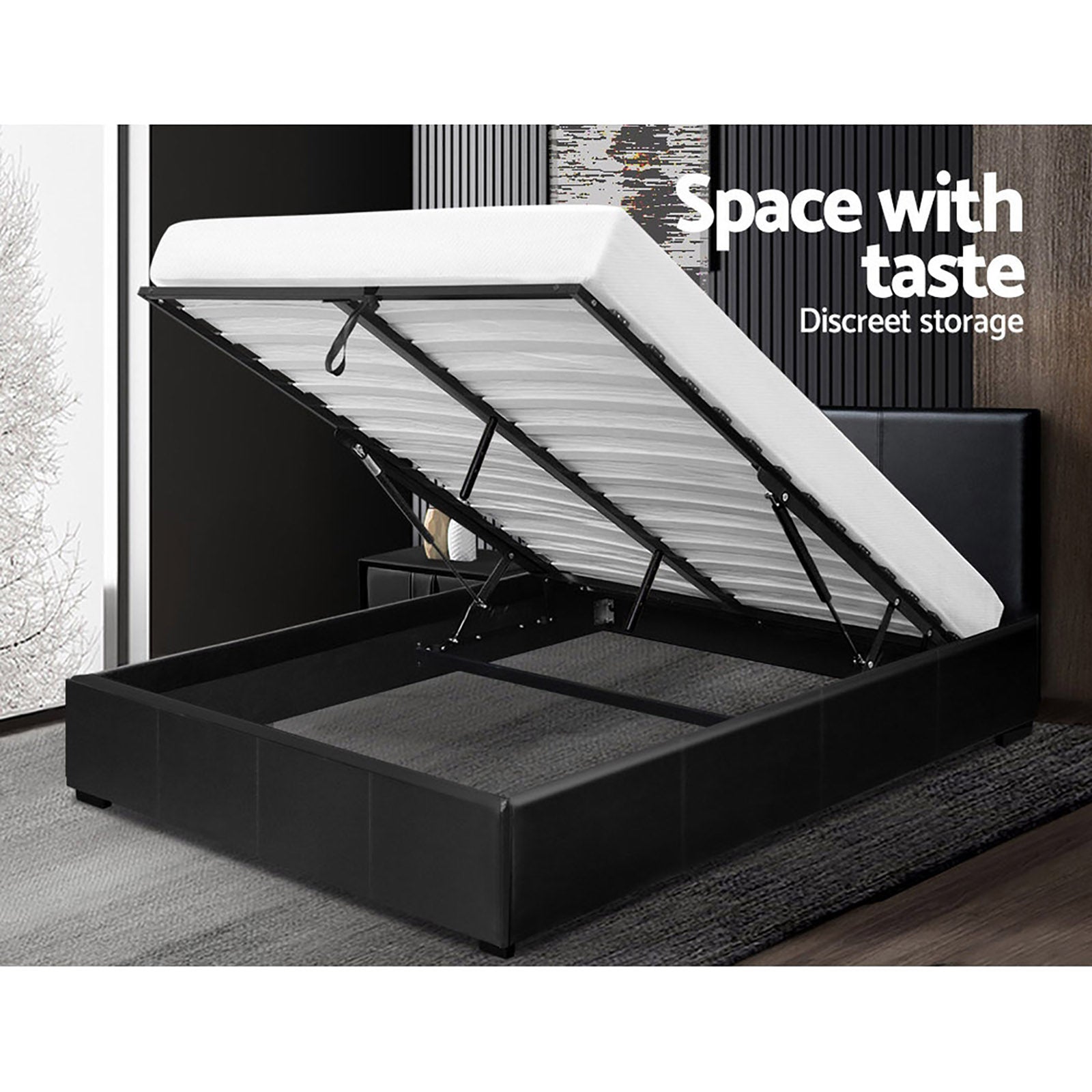 Bed Frame Queen Size Gas Lift Storage Platform Modern Black Fabric