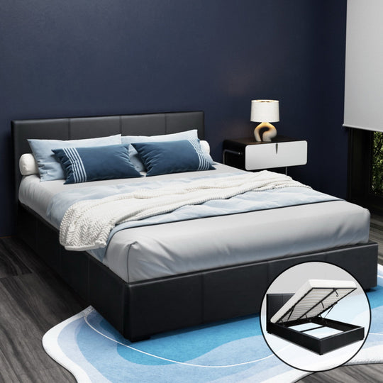 Bed Frame Queen Size Gas Lift Storage Platform Modern Black Fabric - Artiss Leather Wood Headborad