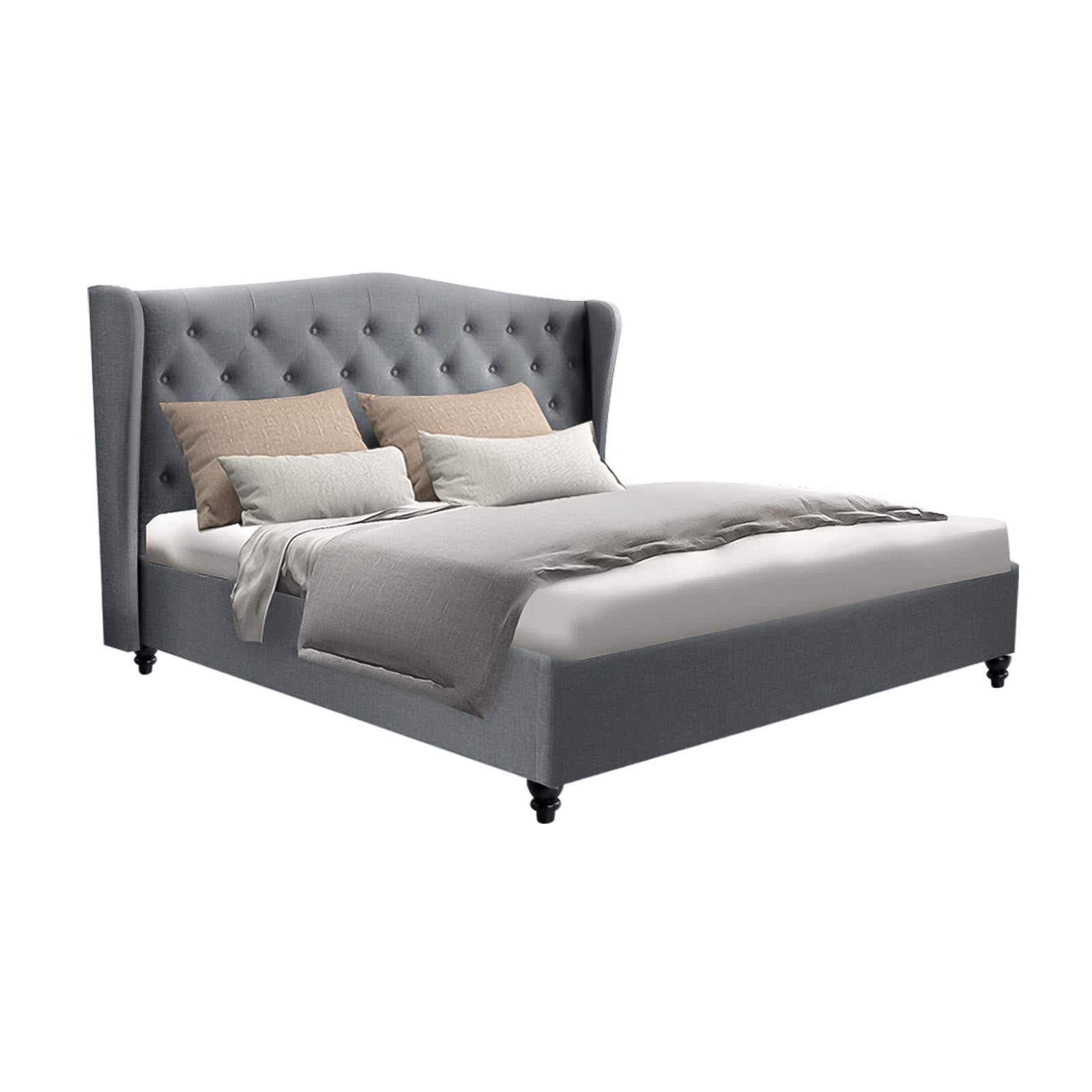 Double Bed Frame Grey Fabric Upholstered with Sturdy Timber Base