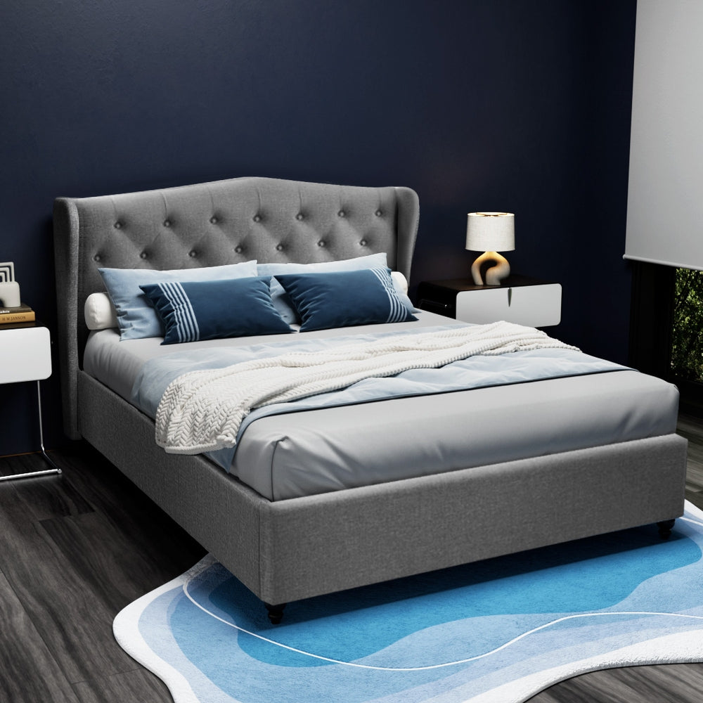 Double Bed Frame Grey Fabric Upholstered with Sturdy Timber Base