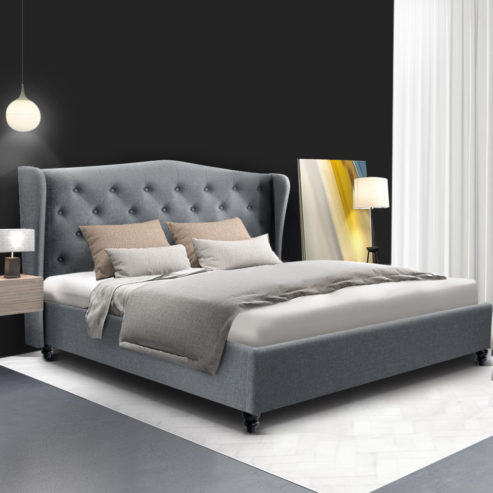 Double Bed Frame Grey Fabric Upholstered with Sturdy Timber Base