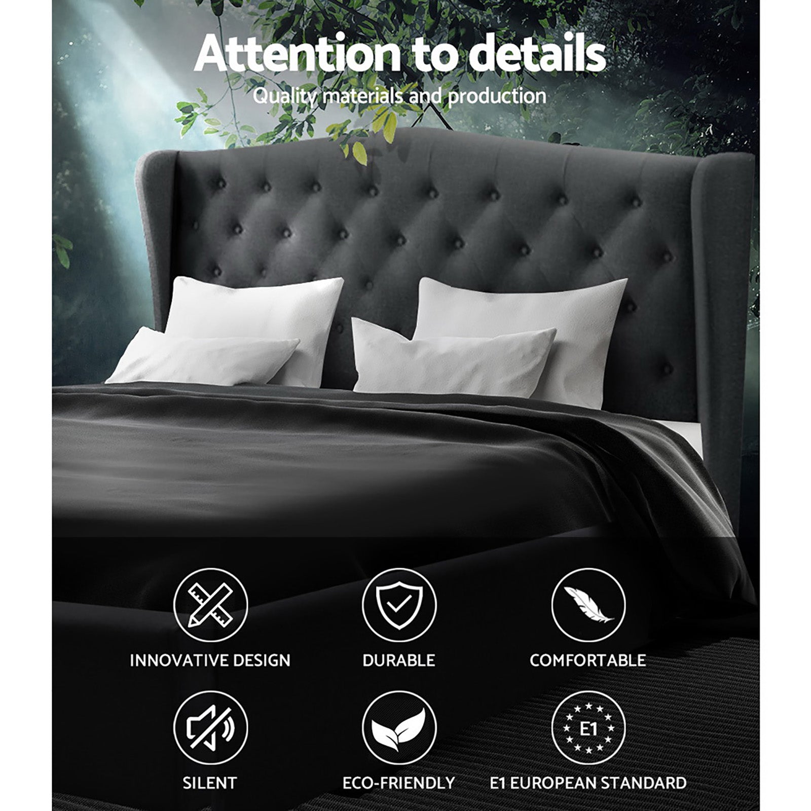 Bed Frame King Size Steel Charcoal With Tufted Headboard