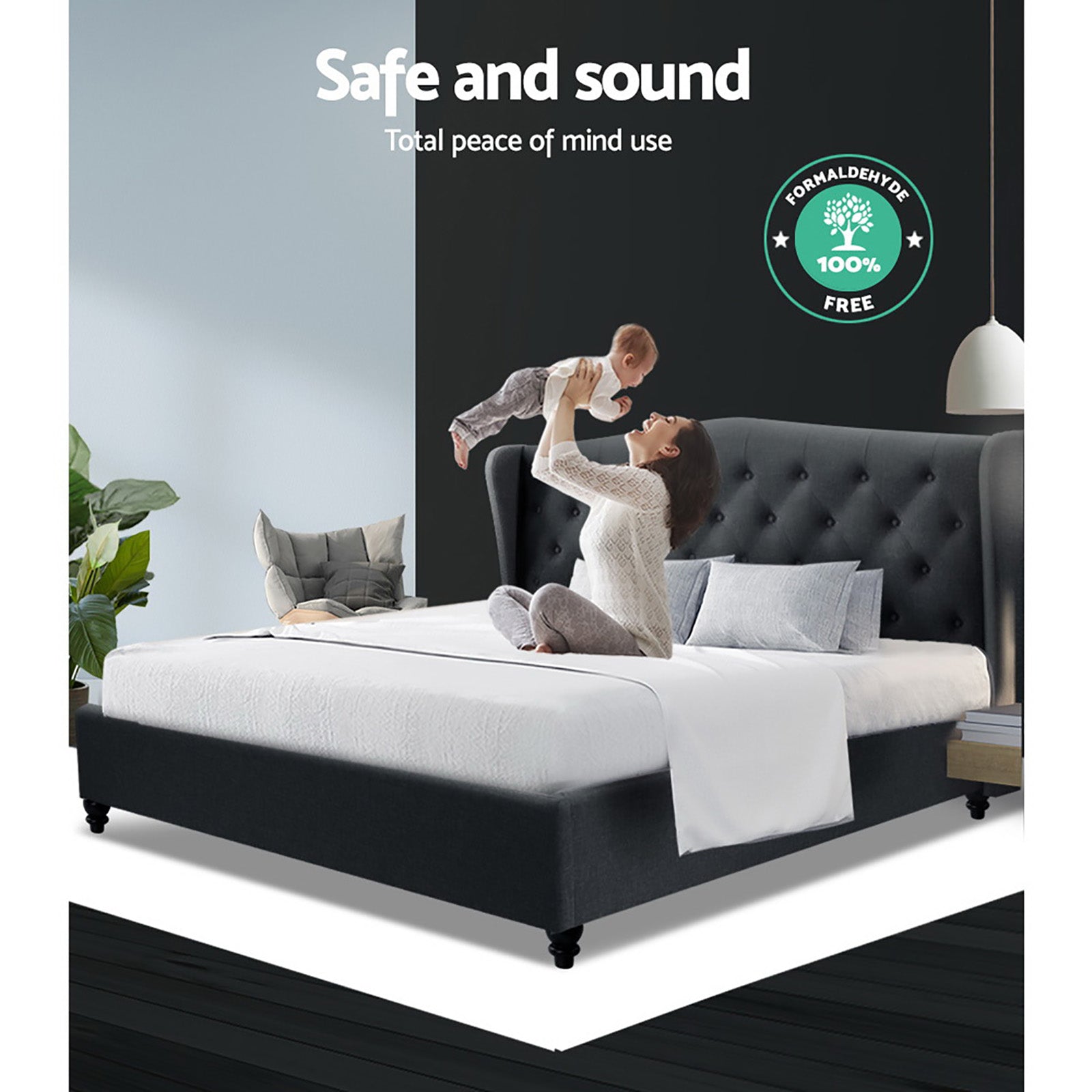 Bed Frame King Size Steel Charcoal With Tufted Headboard