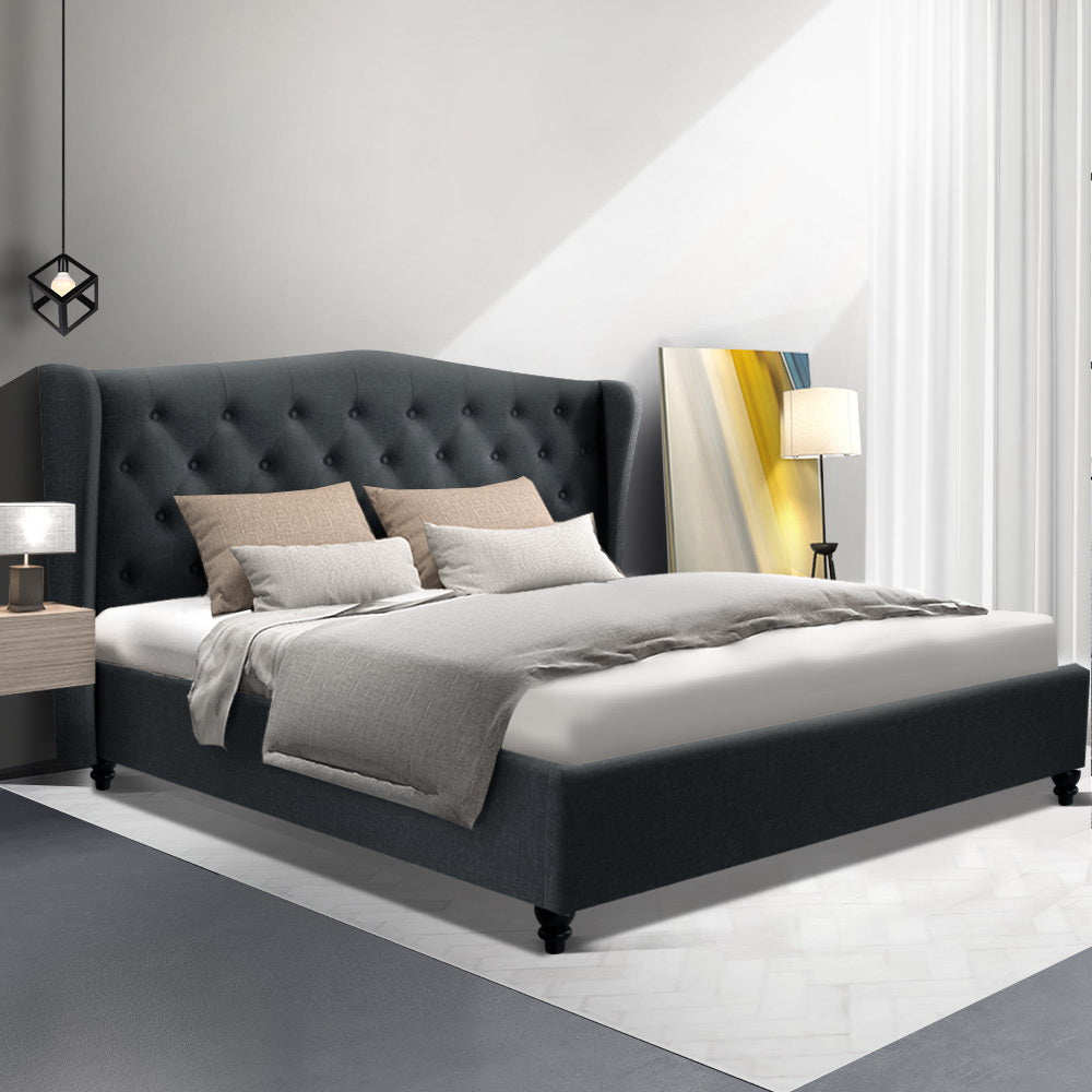 Bed Frame King Size Steel Charcoal With Tufted Headboard