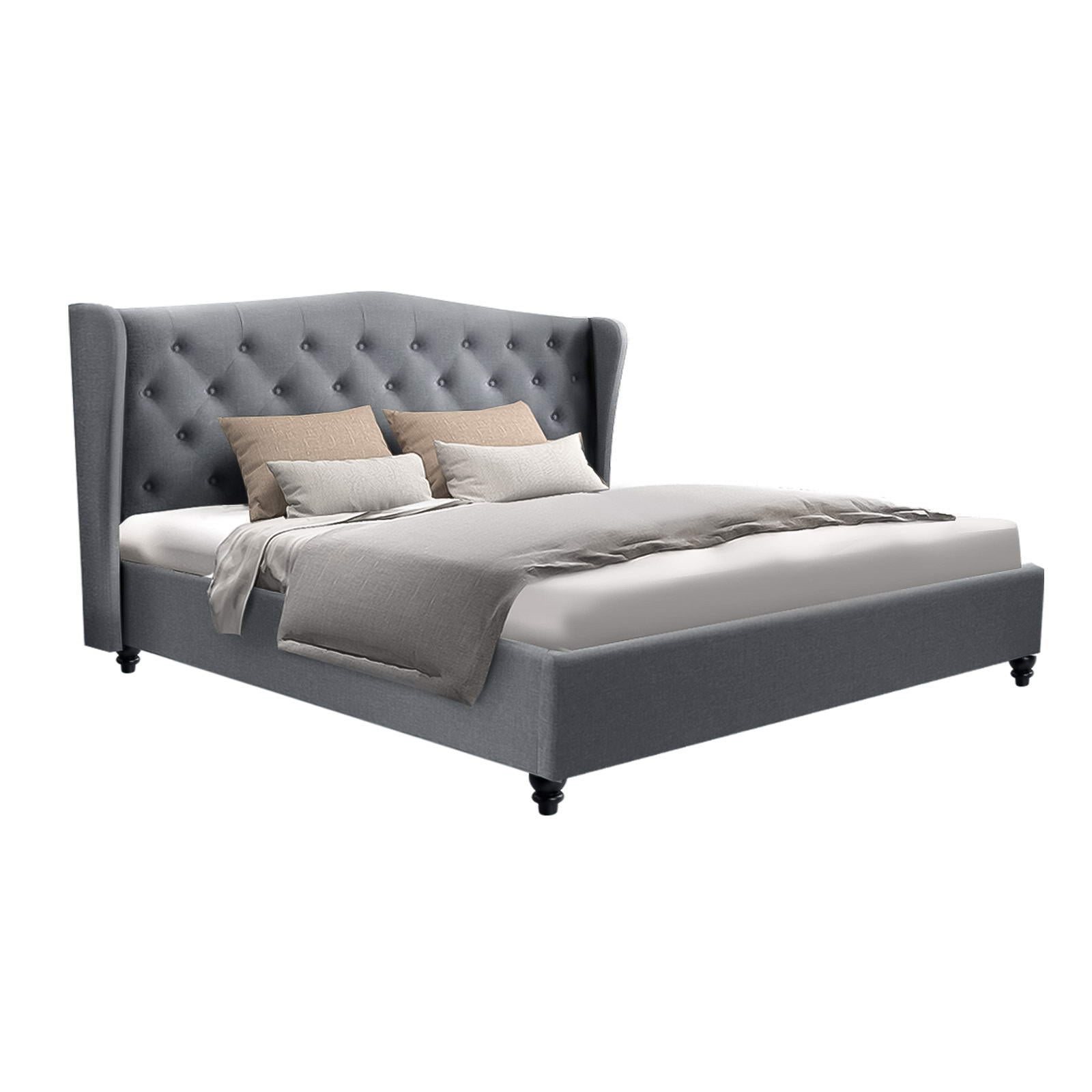 King Bed Frame Grey Fabric Upholstered with Sturdy Timber Base