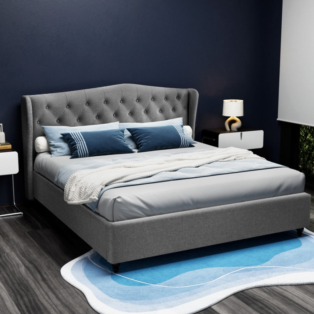 King Bed Frame Grey Fabric Upholstered with Sturdy Timber Base