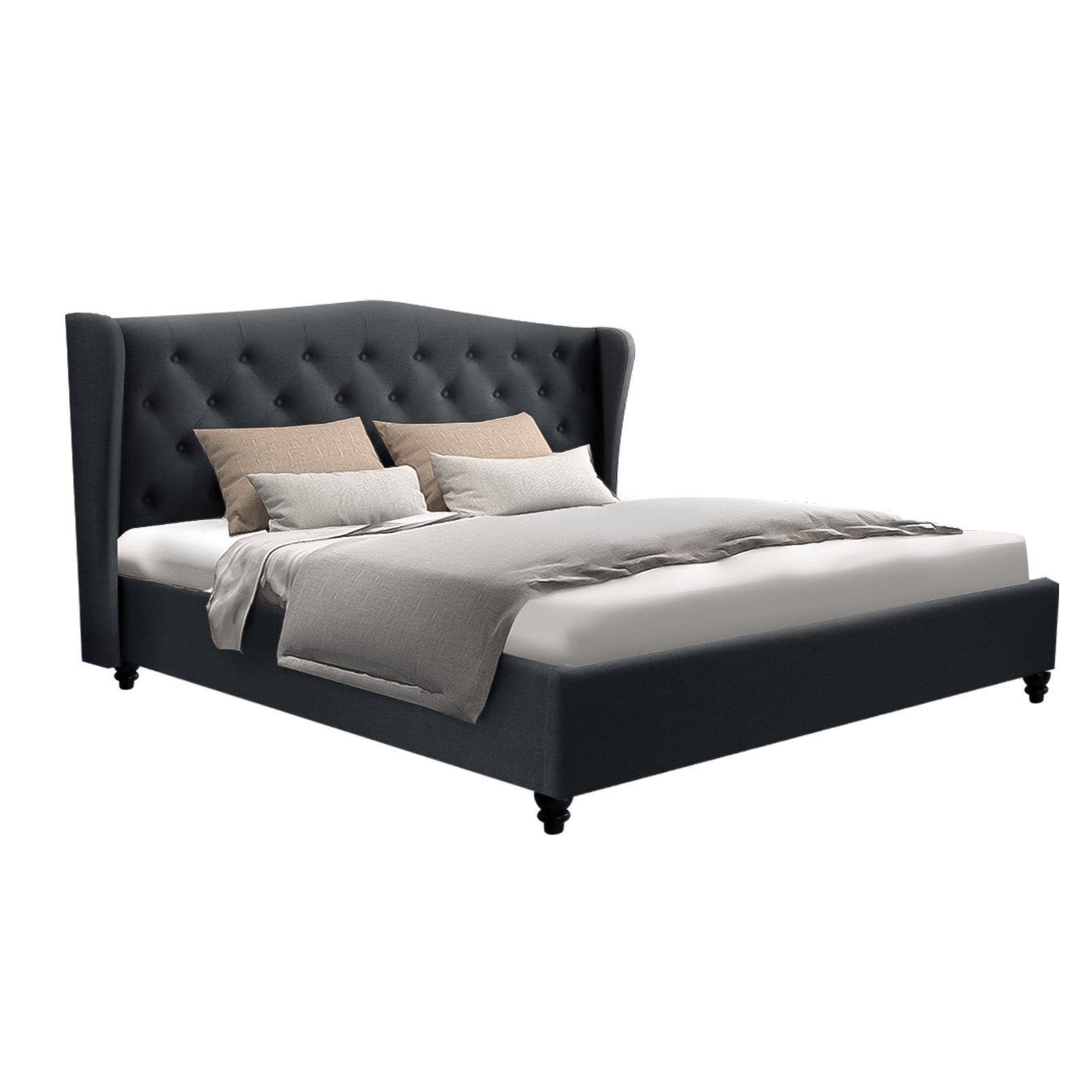 Bed Frame Queen Size Steel Charcoal With Tufted Headboard
