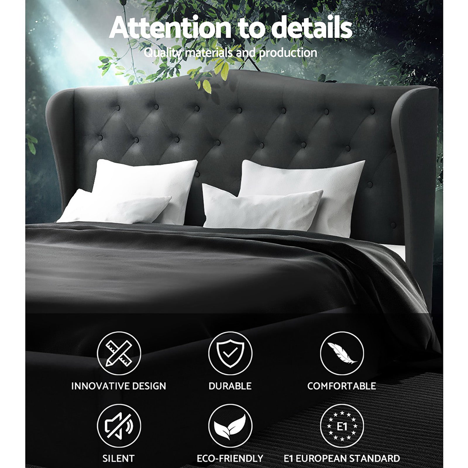 Bed Frame Queen Size Steel Charcoal With Tufted Headboard