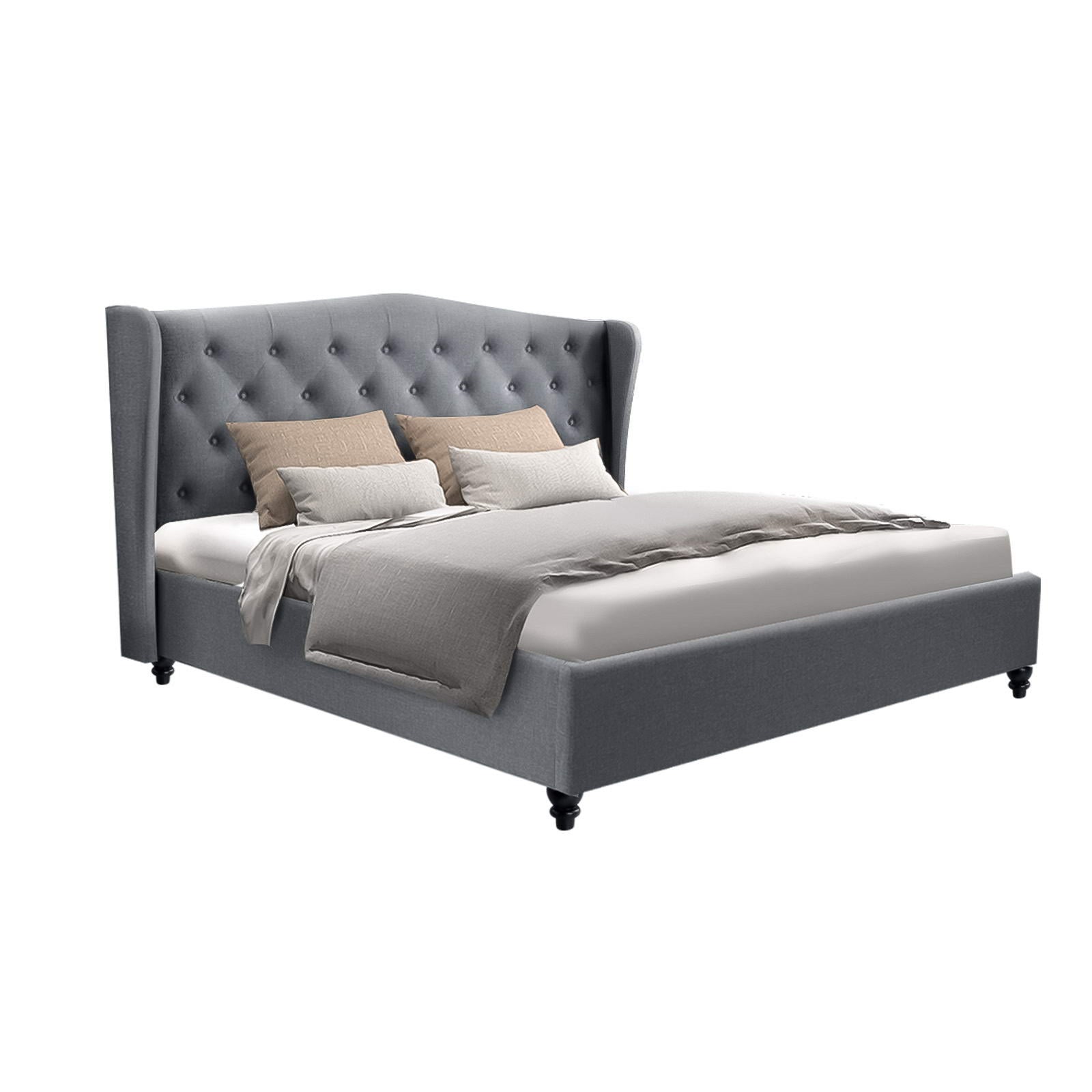 Queen Bed Frame Grey Fabric Upholstered with Sturdy Timber