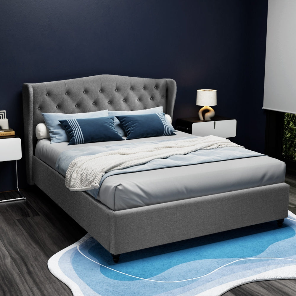 Queen Bed Frame Grey Fabric Upholstered with Sturdy Timber