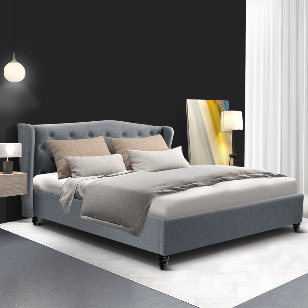 Queen Bed Frame Grey Fabric Upholstered with Sturdy Timber