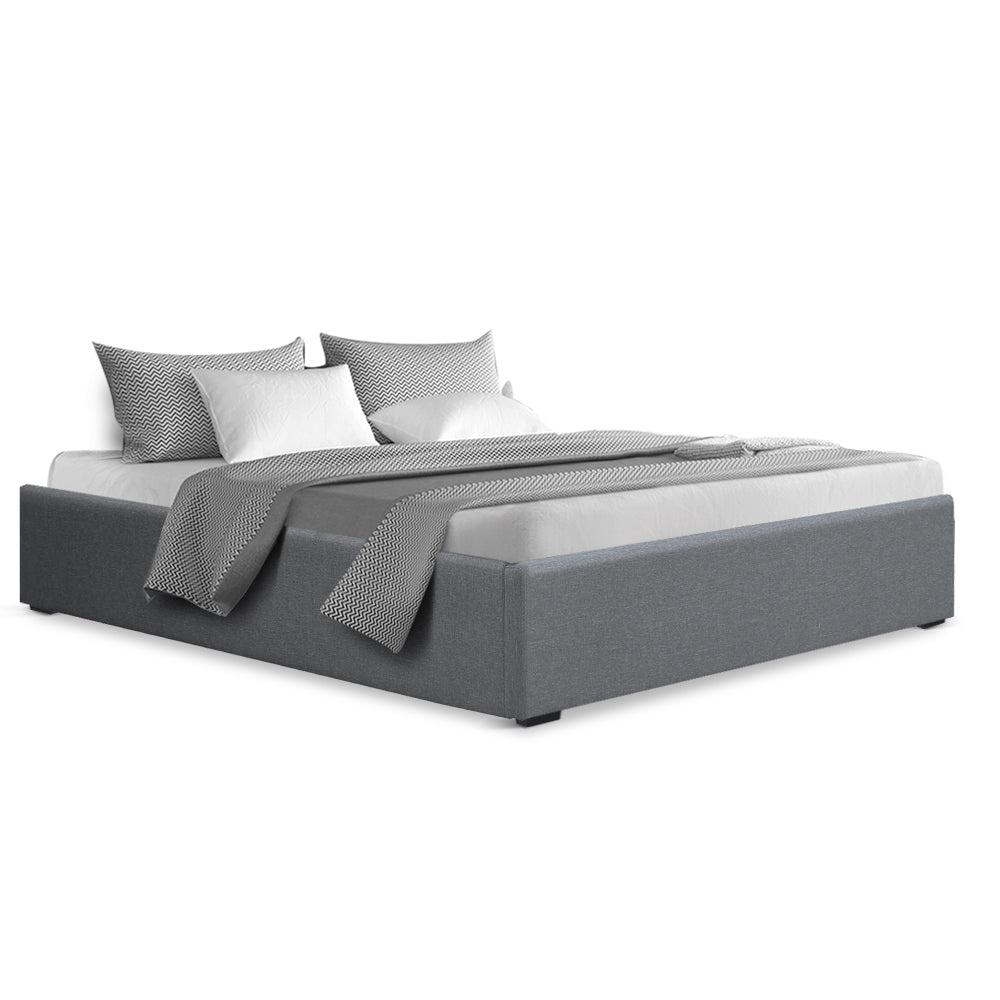 Beds & Bed Frames - Bed Frame Double Gas Lift Storage Base Grey Linen Fabric Steel