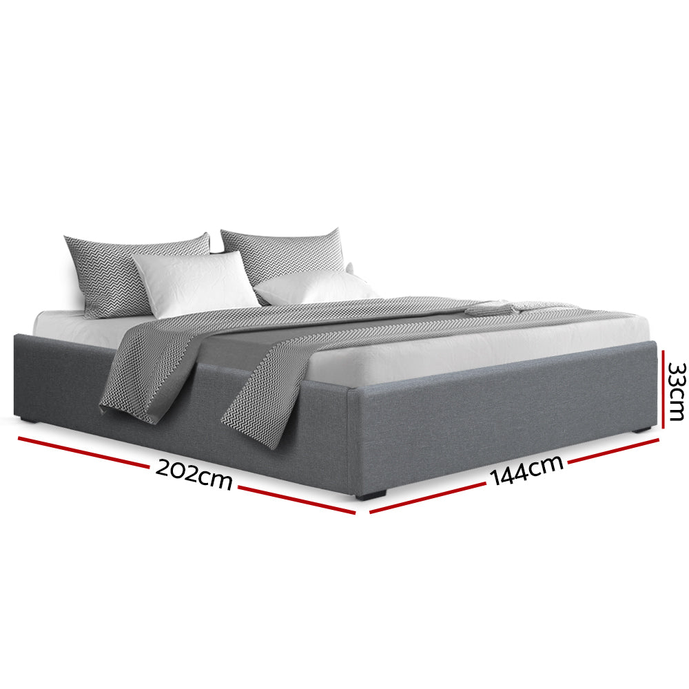 Bed Frame Double Gas Lift Storage Base Grey Linen Fabric Steel | Double