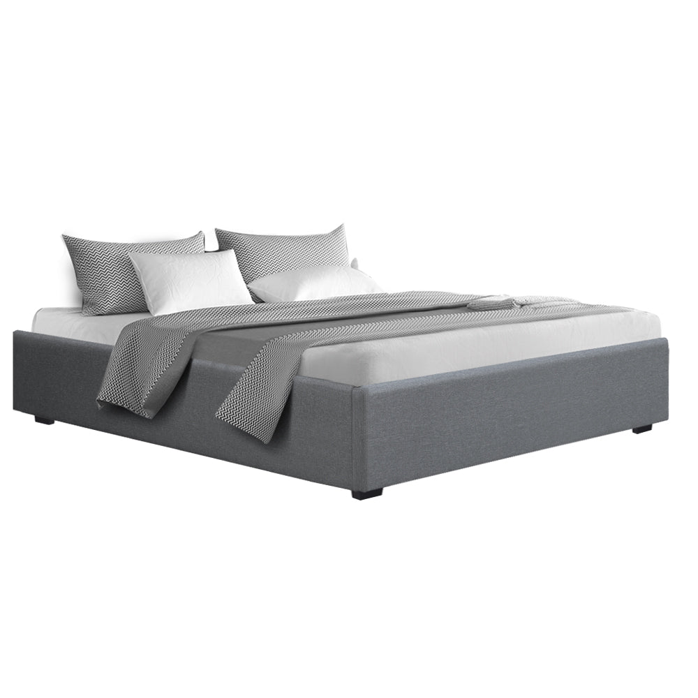 Bed Frame King Gas Lift Storage Base Grey Linen Fabric Steel Support System