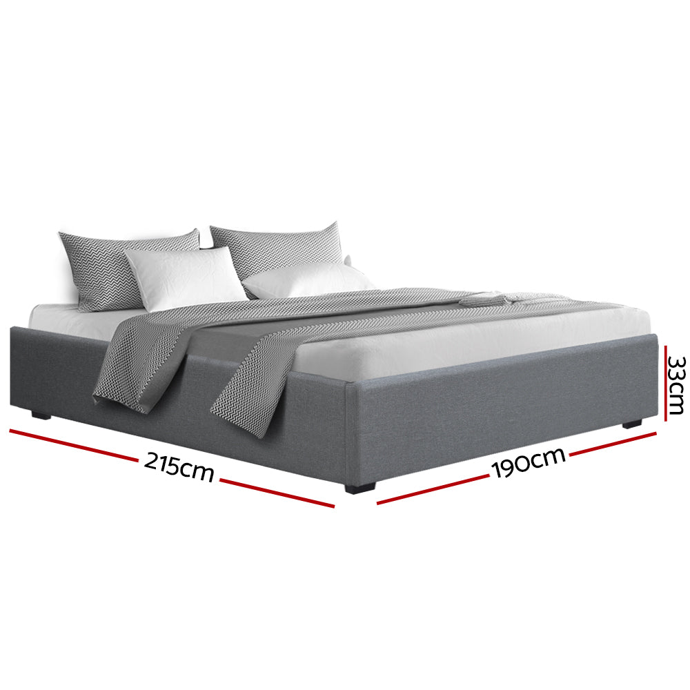 Bed Frame King Gas Lift Storage Base Grey Linen Fabric Steel Support System