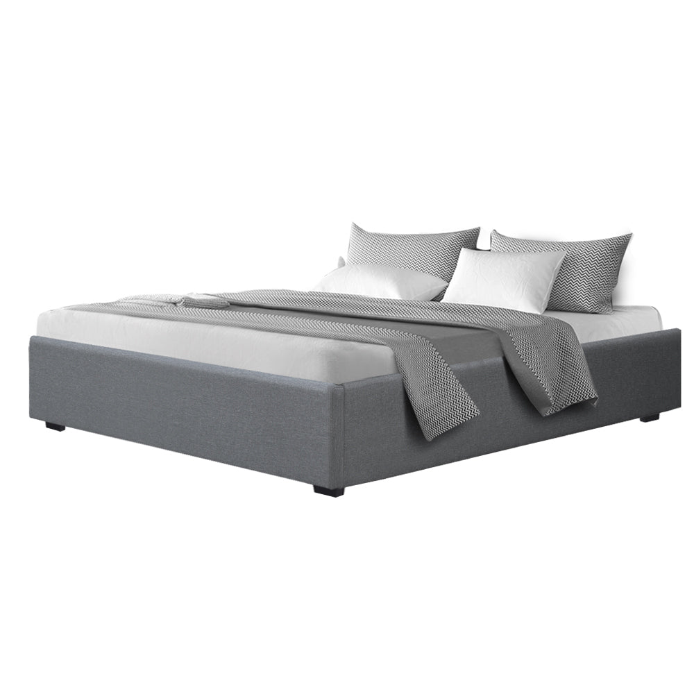 Bed Frame King Gas Lift Storage Base Grey Linen Fabric Steel Support System