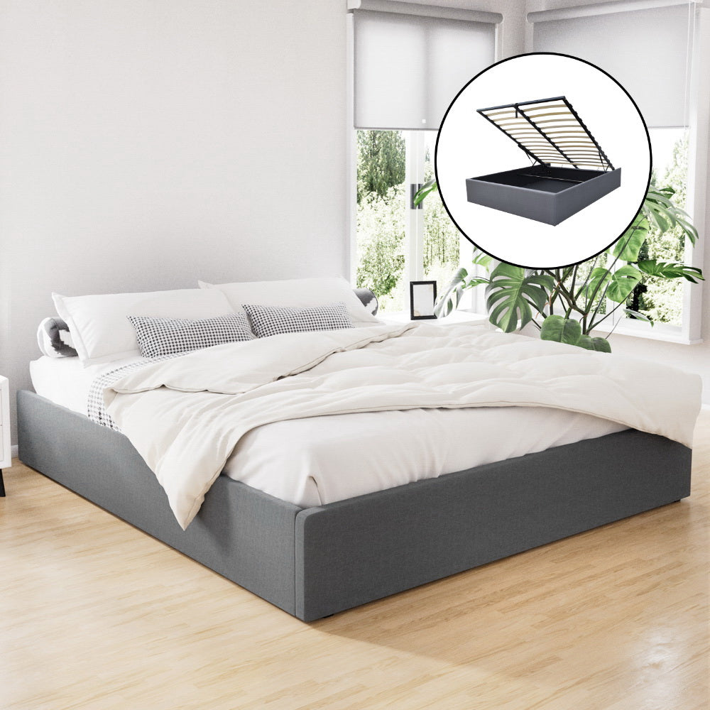 Bed Frame King Gas Lift Storage Base Grey Linen Fabric Steel Support System