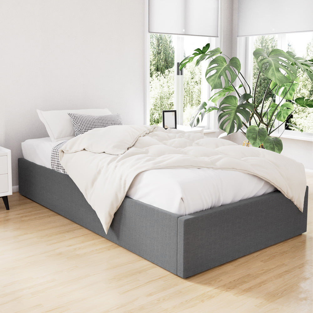 Bed Frame King Single Gas Lift Storage Base Grey Fabric