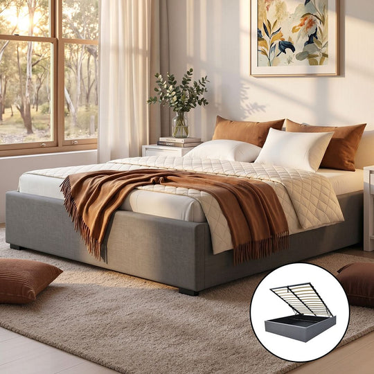 Bed Frame Queen Gas Lift Storage Base Grey Linen Fabric Steel Slat System - Artiss Size Platform Bframe