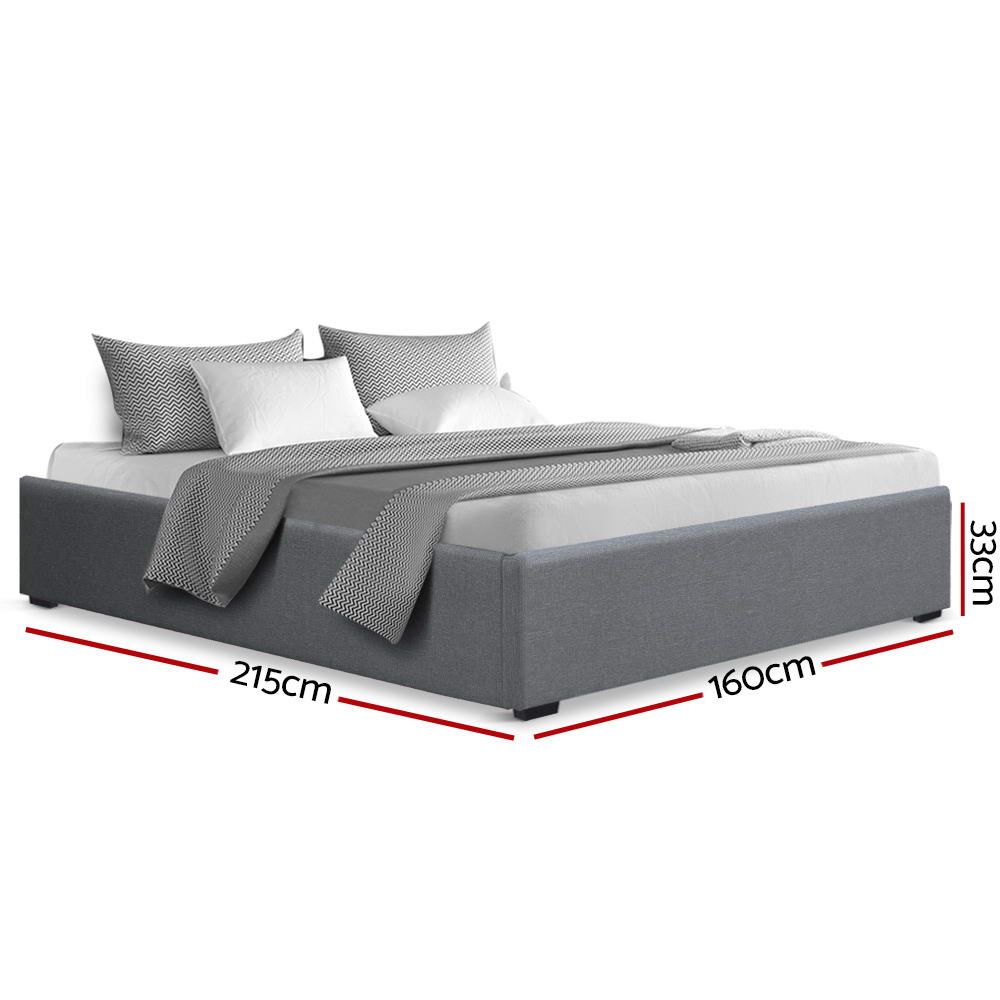 Bed Frame Queen Gas Lift Storage Base Grey Linen Fabric Steel Slat System