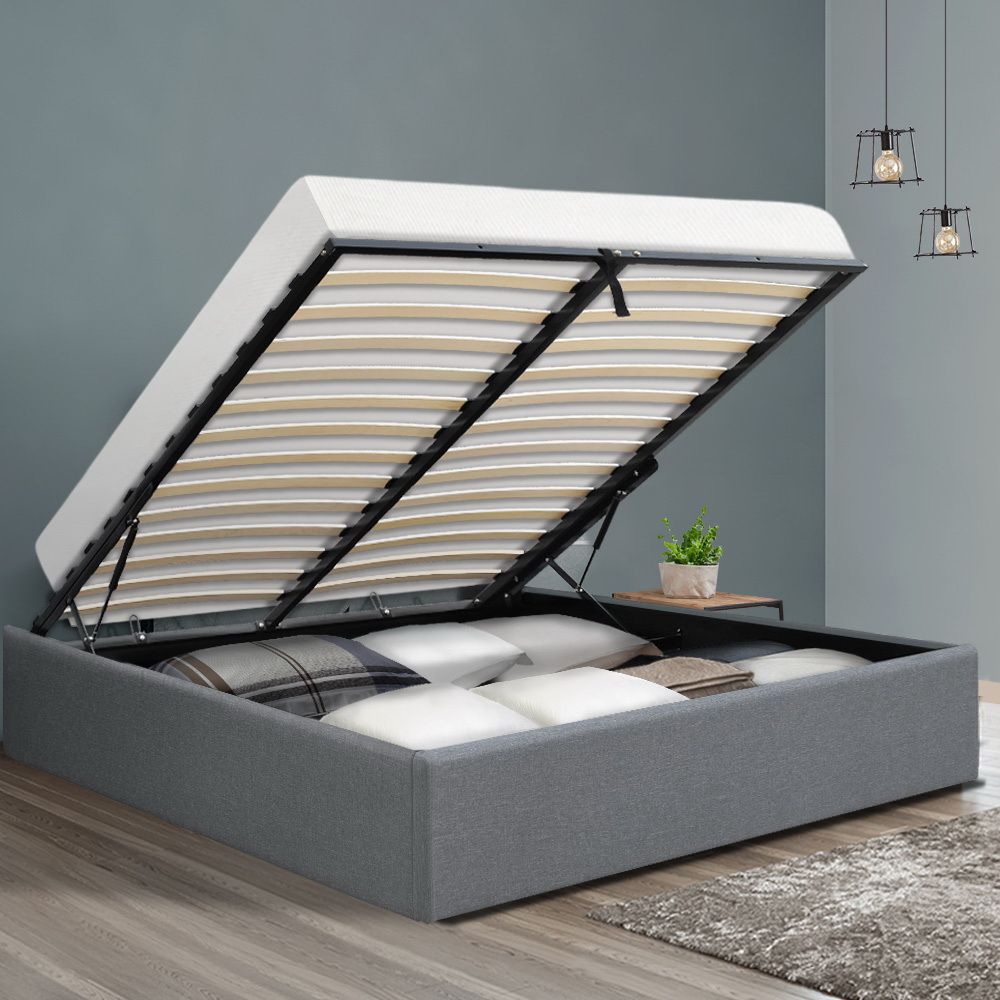 Bed Frame Queen Gas Lift Storage Base Grey Linen Fabric Steel Slat System