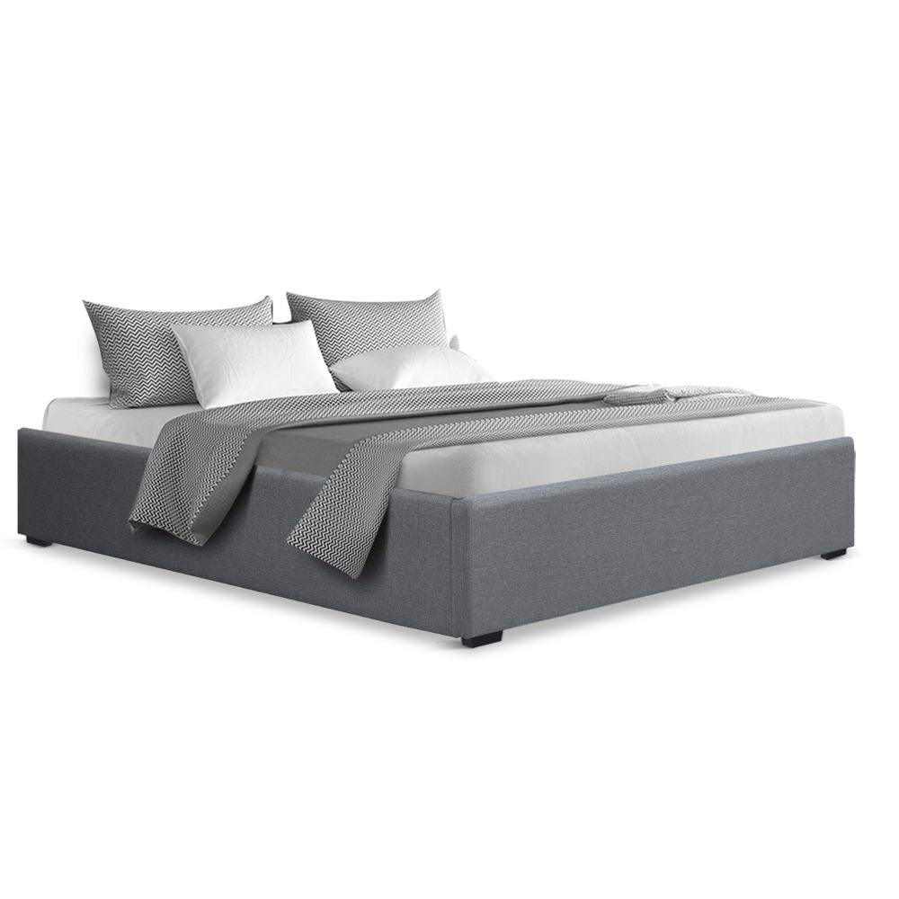 Bed Frame Queen Gas Lift Storage Base Grey Linen Fabric Steel Slat System