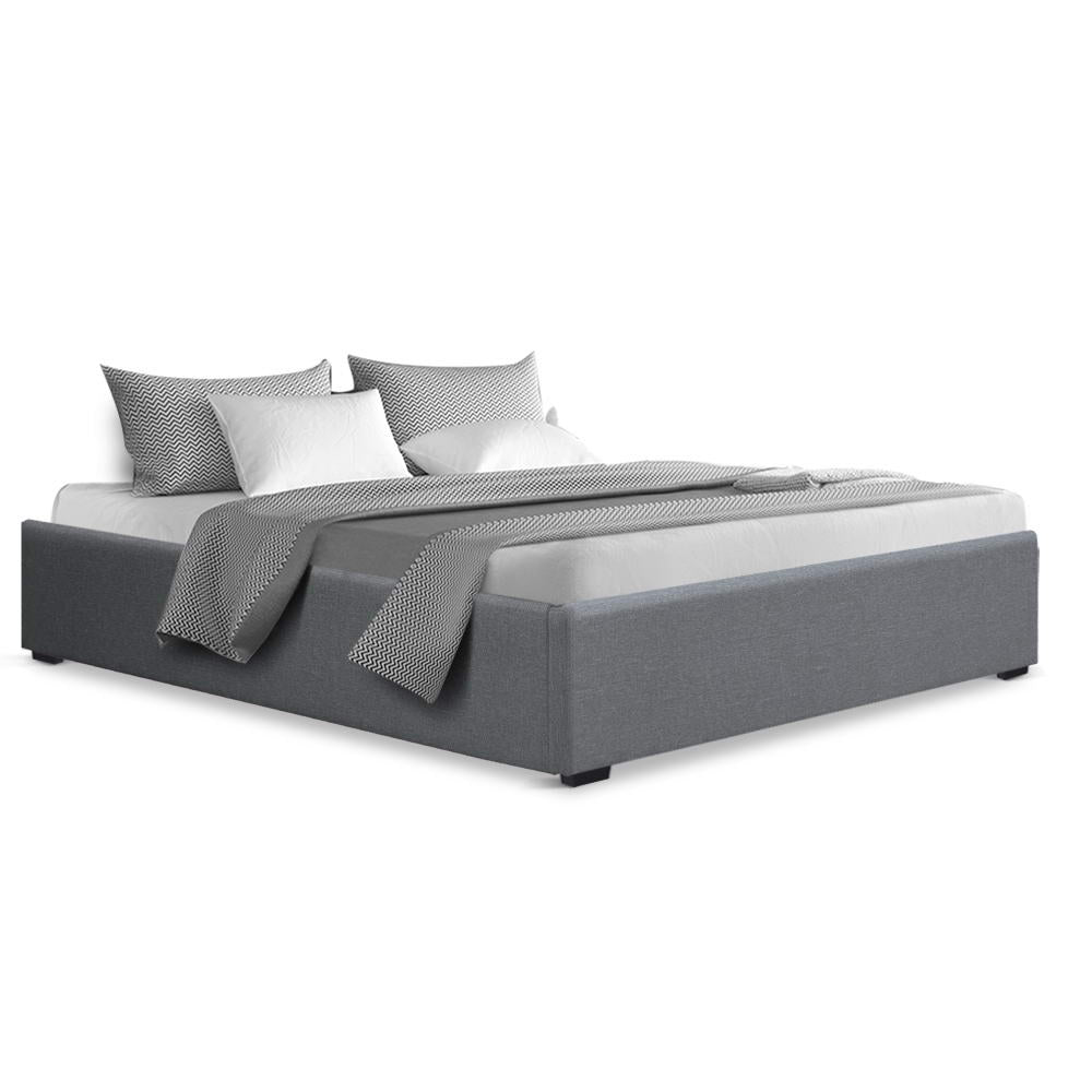 Bed Frame Queen Gas Lift Storage Base Grey Linen Fabric Steel Slat System