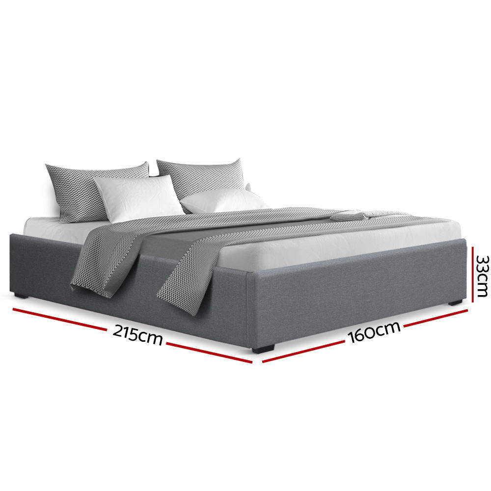 Bed Frame Queen Gas Lift Storage Base Grey Linen Fabric Steel Slat System