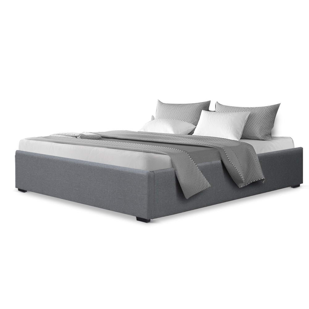 Bed Frame Queen Gas Lift Storage Base Grey Linen Fabric Steel Slat System