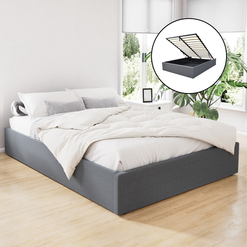 Bed Frame Queen Gas Lift Storage Base Grey Linen Fabric Steel Slat System