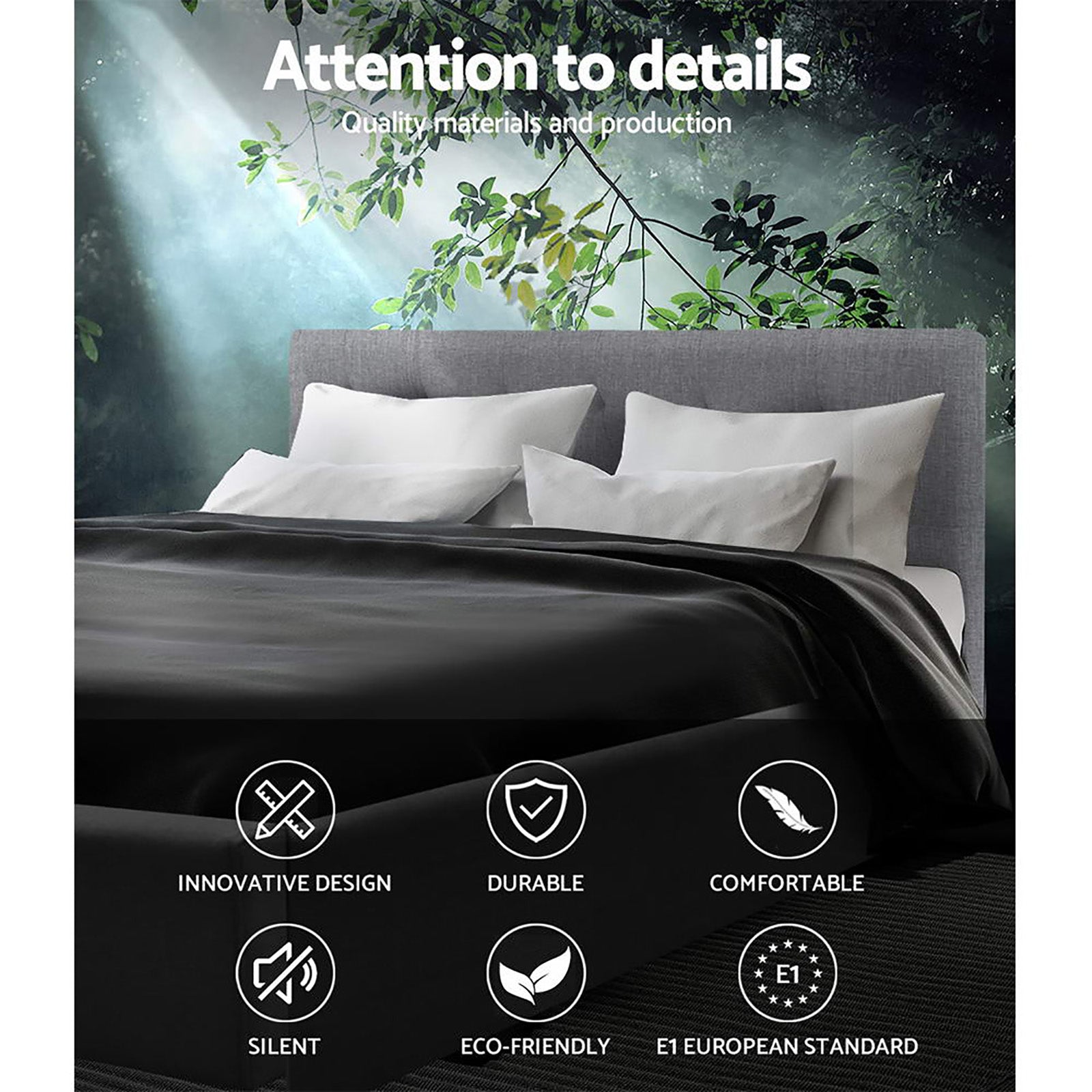 Double Size Bed Frame Base Fabric Headboard Wooden Mattress