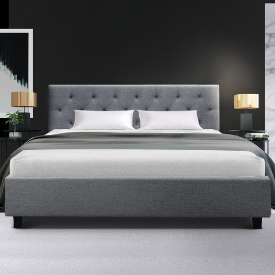 Queen Size Bed Frame Base Fabric Headboard Wooden Mattress