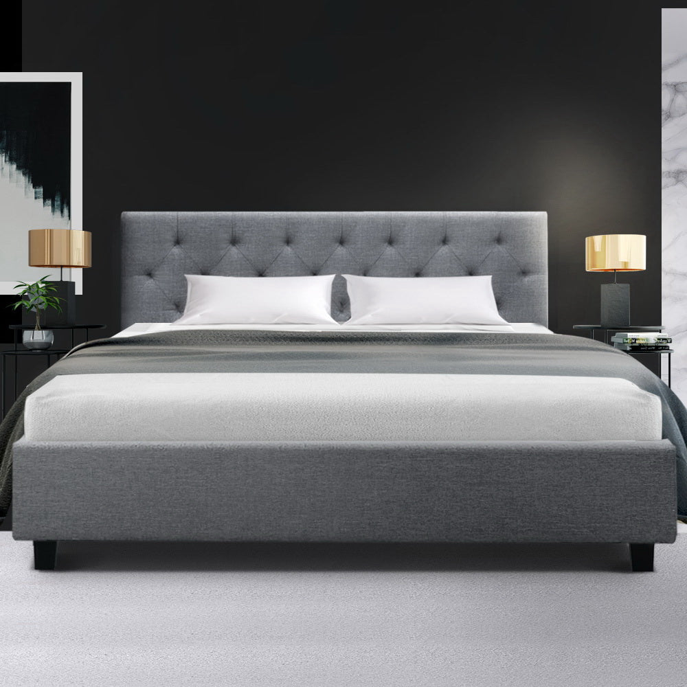 Grey timber slat queen bed frame