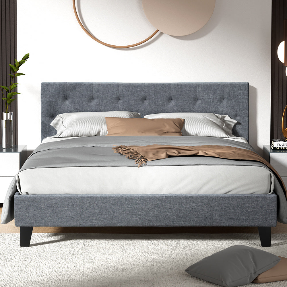 Queen Bed Frame Grey with Sturdy Wooden Slats and Durable Supportive Base