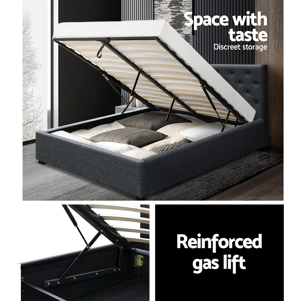 Queen Size Gas Lift Bed Frame Base With Storage Mattress Charcoal Fabric