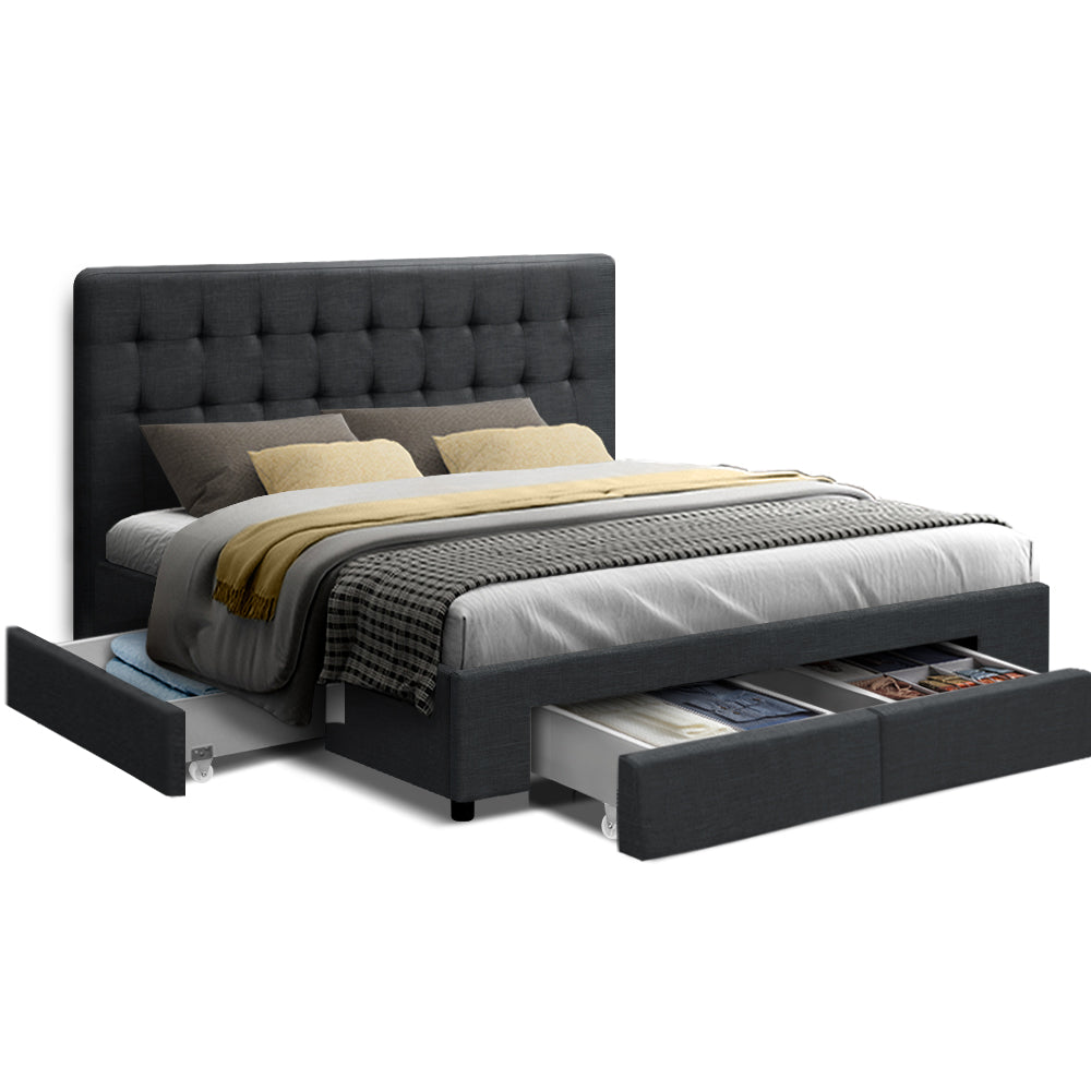 Double Bed Frame Grey with 4 Built-In Storage Drawers