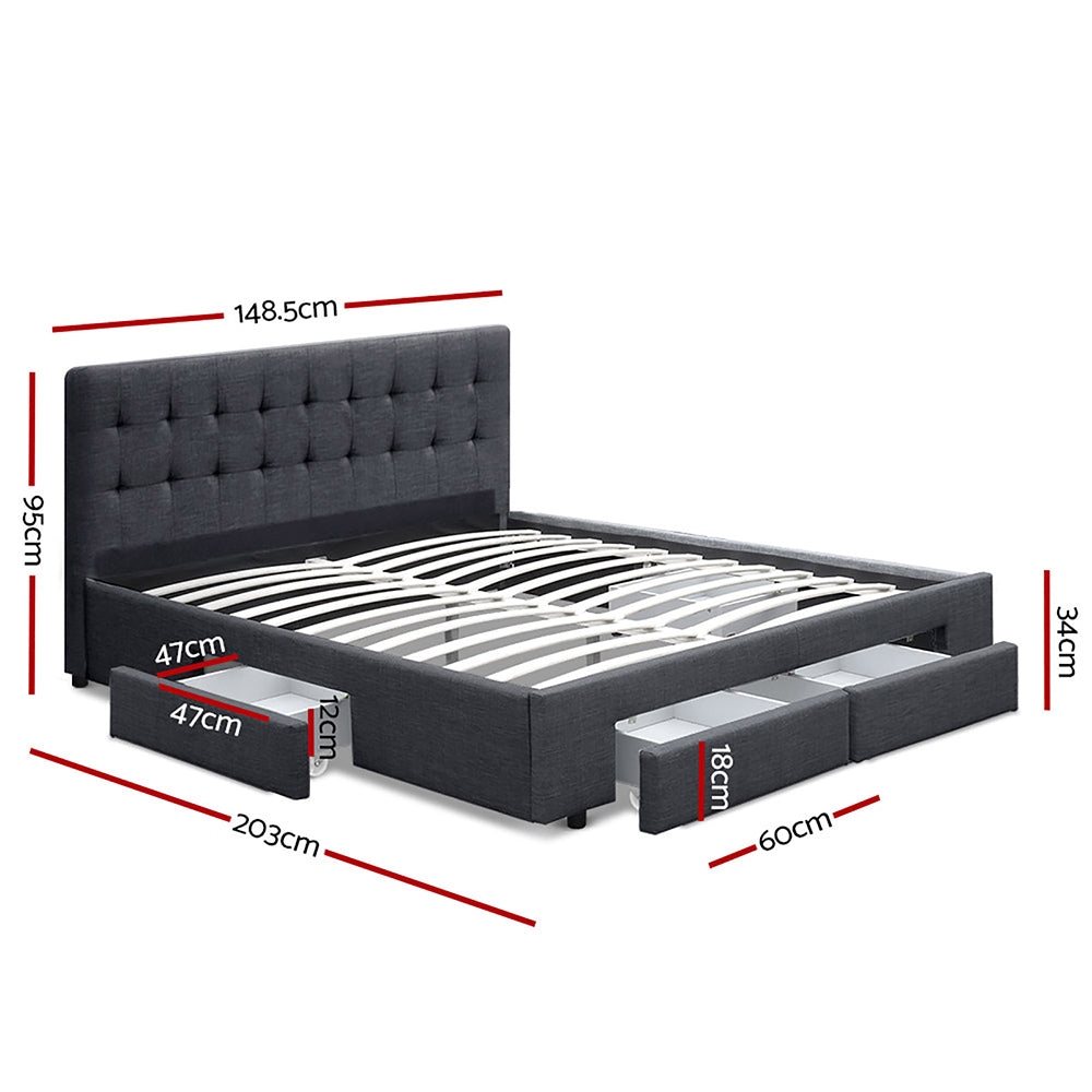 Double Bed Frame Grey with 4 Built-In Storage Drawers