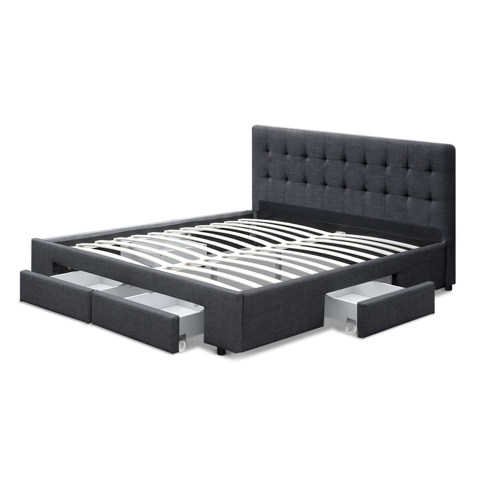 Double Bed Frame Grey with 4 Built-In Storage Drawers