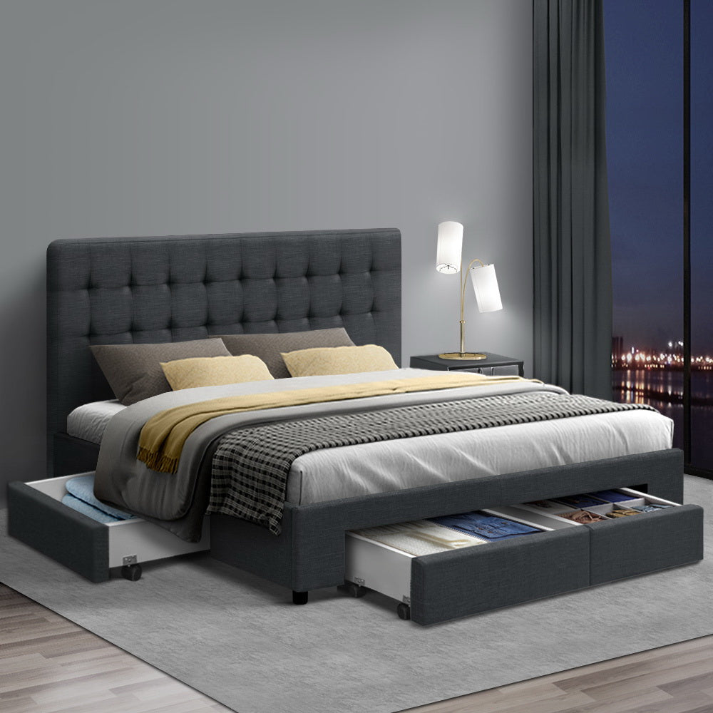 Double Bed Frame Grey with 4 Built-In Storage Drawers