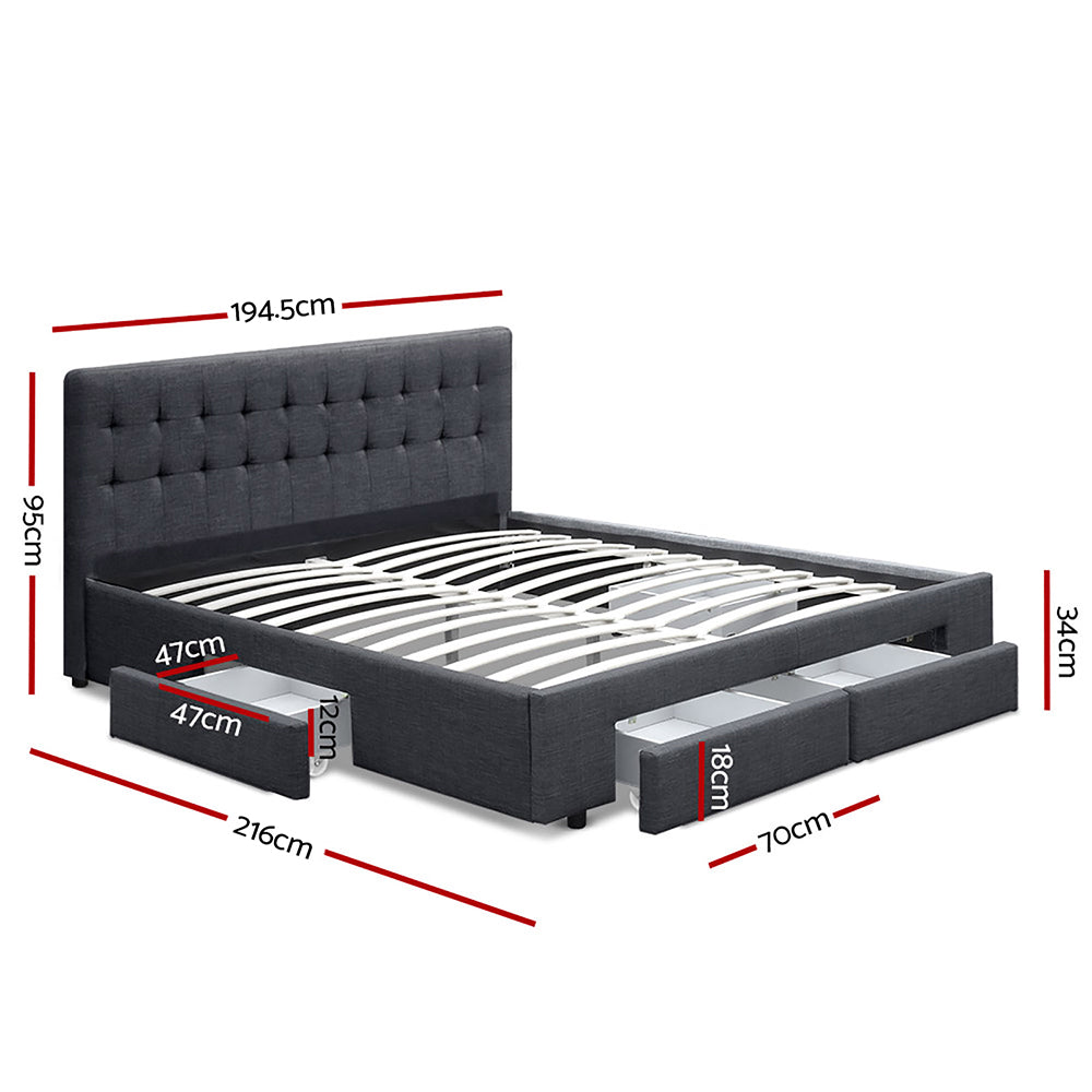 King Size Fabric Bed Frame Headboard with Drawers  - Charcoal