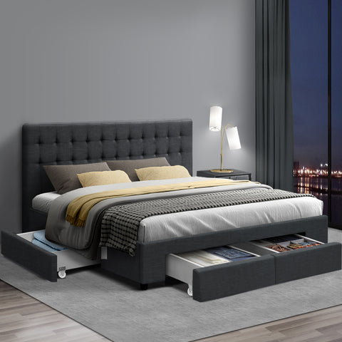 King Size Fabric Bed Frame Headboard with Drawers  - Charcoal