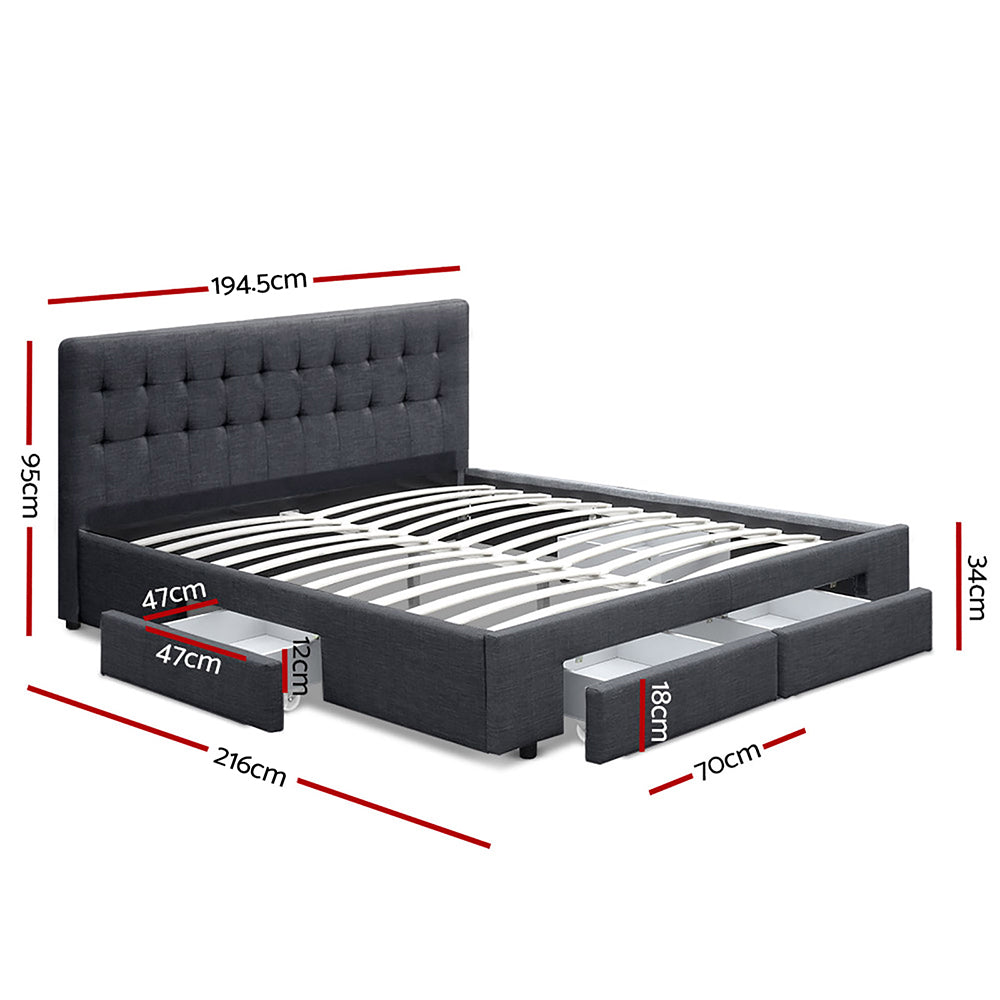 King Bed Frame Charcoal with 4 Built-In Storage Drawers